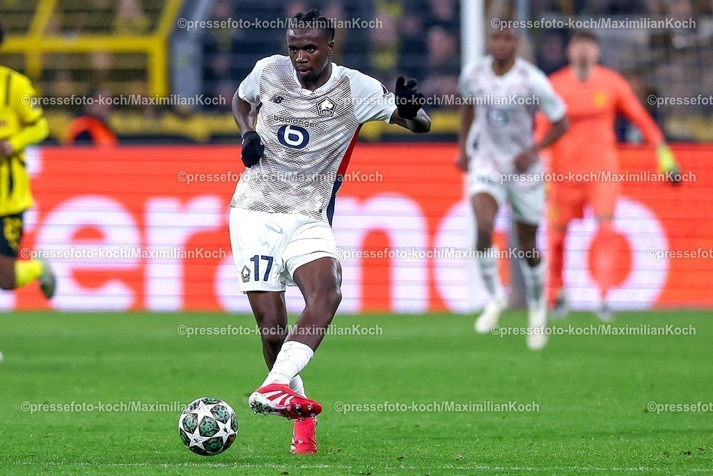 UCL04032502208 | 04.03.2025, Fußball, UEFA Champions League, Borussia Dortmund - OSC Lille, Signal Iduna Park, Runde der 16, Saison 2024 2025: Ngal ayel Mukau (LOSC Lille #17)