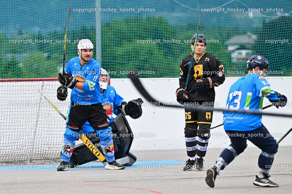 ASKÖ Hockey Villach vs. VAS Ballhockey  | #11 HEU Marco ASKÖ Villach Hockey, #31 LEPUSCHITZ Leo ASKÖ Villach Hockey, #75 Wohlfahrt Benedikt VAS Villach, #13 SCHARF Nikolas ASKÖ Villach Hockey, ASKÖ Hockey Villach vs. VAS Ballhockey , ASKÖ Hockey Villach vs. VAS Ballhockey  am 06.07.2025 in Villach (Alpen Arena ), Austria, (Photo by Bernd Stefan)