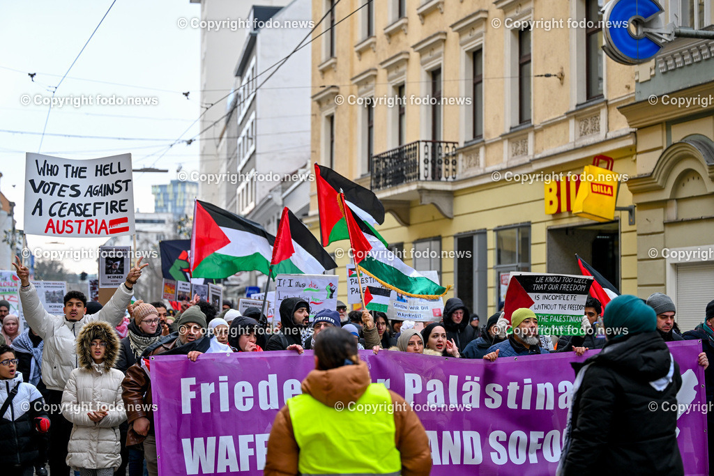 Demonstration Paleastina in Linz_ Pro Gaza_ 14.01.2024-49 | 14.01.2024, Linz, AUT, Demonstration, im Bild Palästina, Palaestina, Gaza, Demoteilnehmer, Teilnehmer, Kundgebung, Plakate, Fahnen, Polizei, Beamte, Polizeifahrzeuge, Einsatzkraefte, Israel, Krieg, Hamas, Geisel, Freiheit, Frieden