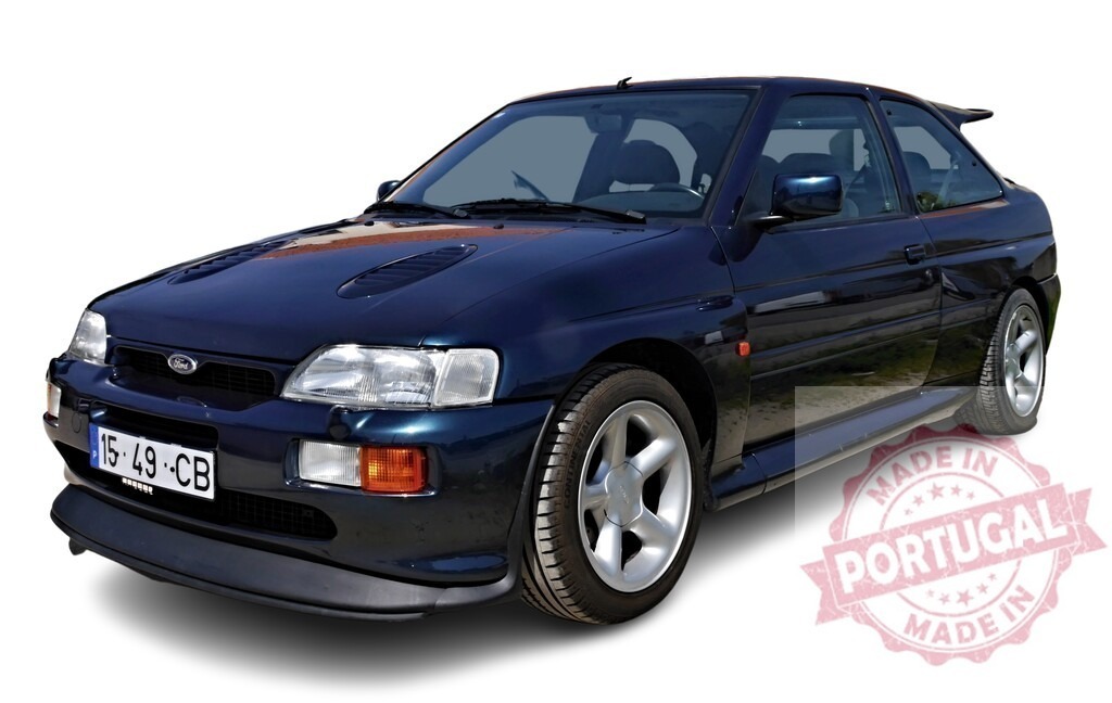 Ford Escort RS Cosworth showing its iconic design and sporty features | Dark blue Ford Escort RS Cosworth parked, highlighting its unique hood vents and alloy wheels - Realized with Pictrs.com