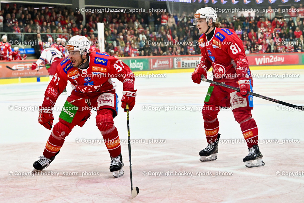 EC KAC vs. EC Red Bull Salzburb | #97 Hochegger Fabian EC KAC, #81 van Ee Finn EC KAC, EC KAC vs. EC Red Bull Salzburb, EC KAC vs. EC Red Bull Salzburb am 04.04.2025 in Klagenfurt (Heidi Horten Arena), Austria, (Photo by Bernd Stefan)