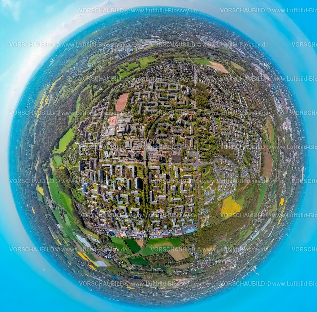 Dortmund230490032Scharnhorst-topaz | Luftbild, Ortsansicht Ortsteil Scharnhorst, Hochhaus Wohnsiedlung, Erdkugel, Fisheye Aufnahme, Fischaugen Aufnahme, 360 Grad Aufnahme, Scharnhorst-Ost, Dortmund, Ruhrgebiet, Nordrhein-Westfalen, Deutschland