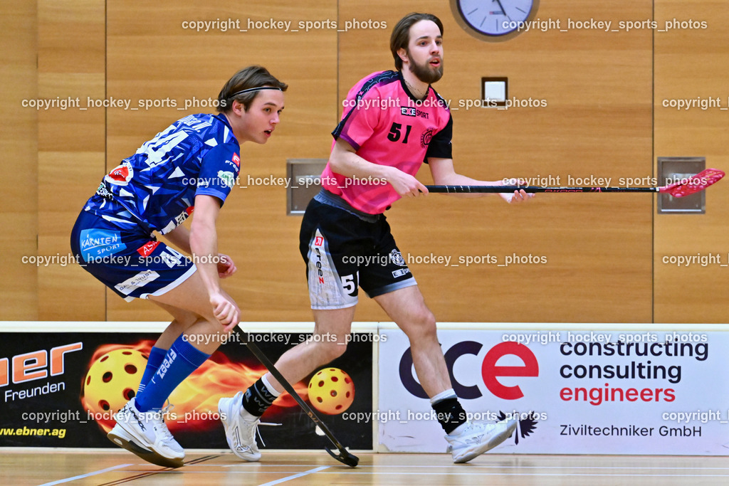 VSV Unihockey vs. Wiener Floorballverein | #44 Luca Widnig VSV Unihockey, #51 SIPONEN Santtu Wiener Floorballverein, VSV Unihockey vs. Wiener Floorballverein, VSV Unihockey vs. Wiener Floorballverein am 11.01.2025 in Villach (Ballspielhalle Lind), Austria, (Photo by Bernd Stefan)