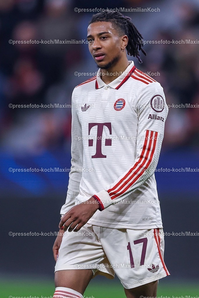UCL11032502369 | 11.03.2025, Fußball, UEFA Champions League, Bayer 04 Leverkusen - FC Bayern München, Achtelfinale Rückspiel, BayArena, Saison 2024 2025: Michael Olise (FC Bayern #17)DFB regulations prohibit any use of photographs as image sequences and or quasi-video.
