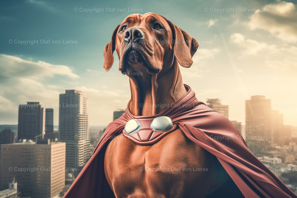 Rhodesian Ridgeback als Superhund | Rhodesian Ridgeback mit Umhang als Superhund