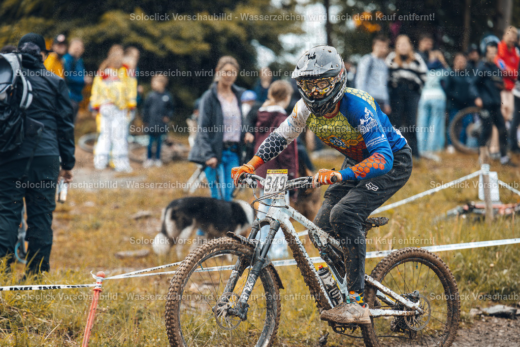 Mountainbike-Action im Gelände | Ein Mountainbiker in voller Ausrüstung rast auf einem staubigen, unebenen Pfad. Er trägt einen auffälligen Helm und eine Weste mit einem geometrischen Muster. Im Hintergrund sind Zuschauer zu sehen, die den Wettkampf beobachten. Ein Hund ist ebenfalls im Bild zu sehen. - Realisiert mit Pictrs.com
