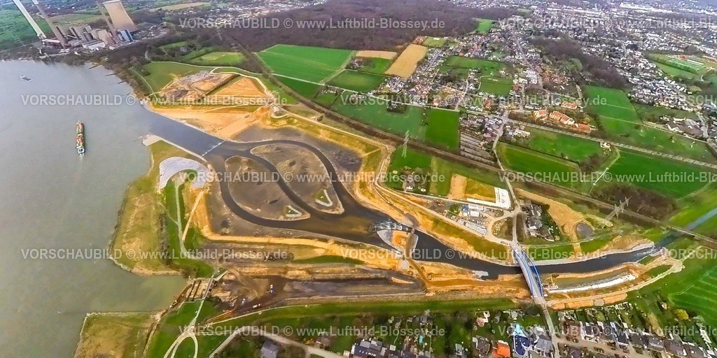 Dinslaken230328_4neueEmschermuendung | Luftbild, Neue Emschermündung in den Fluss Rhein, Kraftwerk Voerde, Renaturierung der Emscher, Neugestaltung und Umlegung der Emschermündung, Erdkugel, Fisheye Aufnahme, Fischaugen Aufnahme, 360 Grad Aufnahme, Eppinghoven, Dinslaken, Ruhrgebiet, Nordrhein-Westfalen, Deutschland