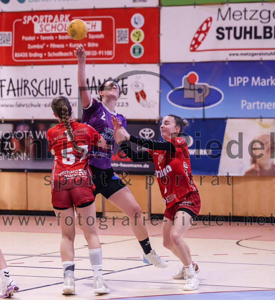 2025-02-22_050_SpVgg_Altenerding_gegen_TG_Landshut | Erding, Deutschland, 22.02.2025:Handball, Bezirksoberliga Frauen Altbayern 2024 / 2024, 15. Spieltag, SpVgg Altenerding gegen TG Landshut, Endergebnis: 25:22Nadine Schlegel (TG Landshut, #57), Janina Konrad (SpVgg Altenerding, #2), Julia Otto (TG Landshut, #5)Foto: Christian Riedel / fotografie-riedel.net