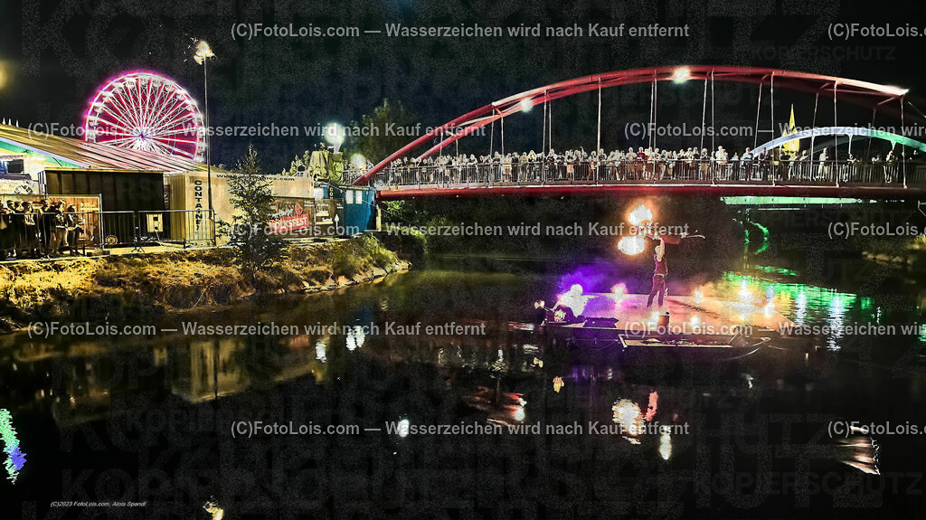 0561_Luftbild_VOLKSFEST-Wlbg_InselFeuer-Show | (C)FotoLois.com, Alois Spandl, Luftbild, Wieselburger VOLKSFEST neu, Feuershow auf der Erlaufinsel unter den Brücken, Do 29. Juni 2023.
