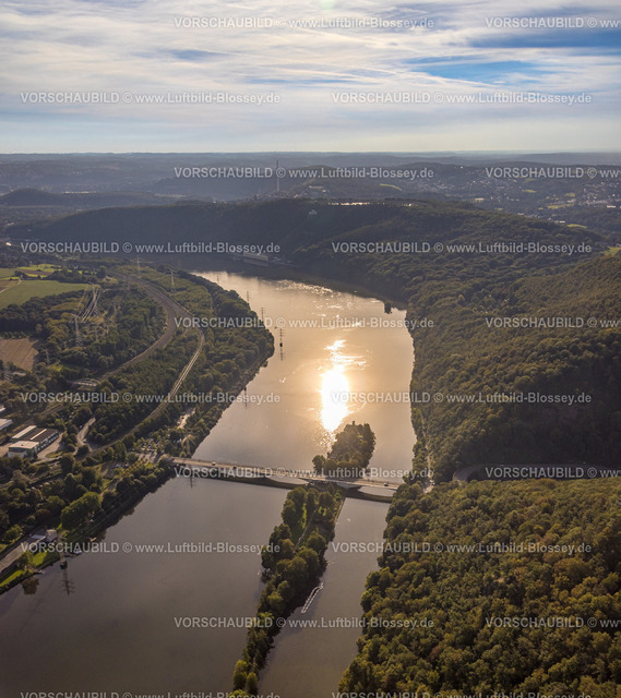 Hagen230903565 | Luftbild, Hengsteysee mit Ruhrbrücke Dortmunder Straße im Abendlicht, Fernsicht und Ardeygebirge, Boele, Hagen, Ruhrgebiet, Nordrhein-Westfalen, Deutschland