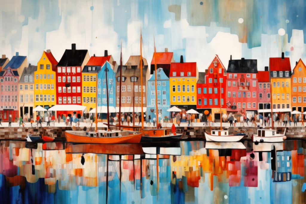 10260809 - Kopenhagen Wandbild - Nyhavn | Nyhavn in Kopenhagen im Stil eines modernen Gemäldes. Erhältlich als hochwertiges Wandbild auf Leinwand, Acrylglas, Alu-Dibond oder als Poster, einfach über "Bestellen" konfigurieren.