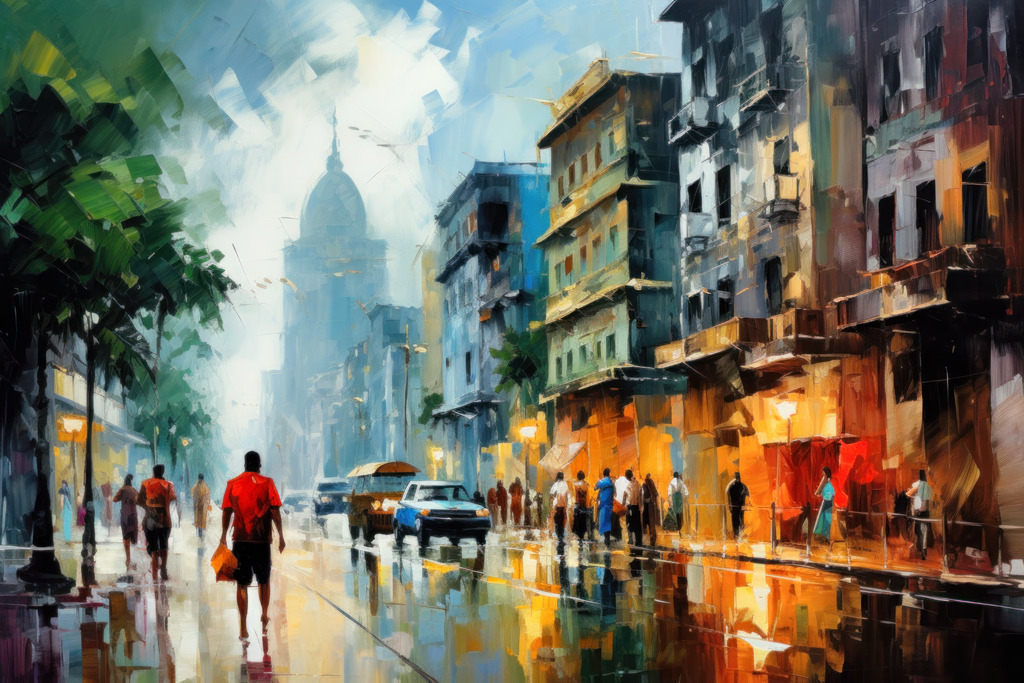 2307242 - Straßen von Havanna | Bestellen Sie dieses digitale Gemälde einer urbanen Szene aus Havann als hochwertigen Kunstruck auf Leinwand, Acrylglas, Alu-Dibond oder als Poster.