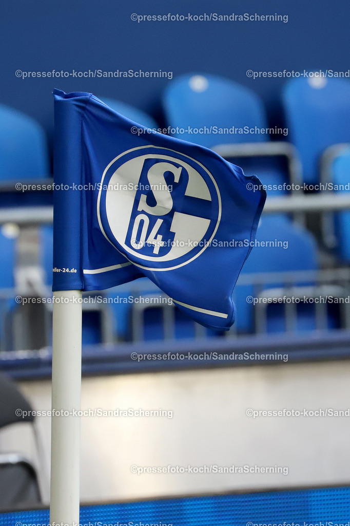 xSSC26072501064 | 26.07.2025, xsscx, Fuﬂball, FC Schalke 04 - FC Sevilla, 2. Fuﬂball Bundesliga, VELTINS-Arena, Saison 2025 2026: Eckfahne am Spielfeldrand von Schalke 04 DFB regulations prohibit any use of photographs as image sequences and or quasi-video.