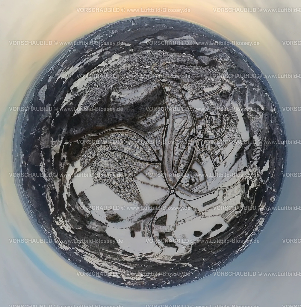 Winterberg221290009Stadt | Luftbild verschneite Innenstadt, Winterberg im Schnee, fisheye, Fisheye Aufnahme, Fischaugen Aufnahme, 360 Grad Aufnahme, Winterlandschaft, Sauerland, Nordrhein-Westfalen, Deutschland