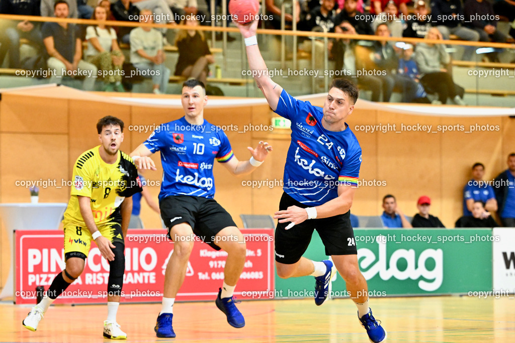 SC Ferlach vs. Bregenz Handball | #24 JOVANOVIC Mladan SC Ferlach, #10 Perkusic Toni SC Ferlach, #8 BURGER Sebastian Bregenz Handball, SC Ferlach vs. Bregenz Handball, SC Ferlach vs. Bregenz Handball am 28.09.2024 in Ferlach (Ballspielhalle Ferlach), Austria, (Photo by Bernd Stefan)
