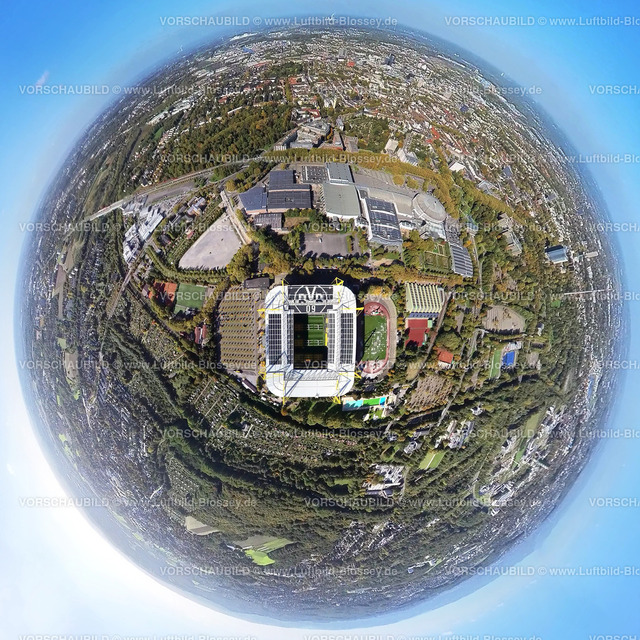 Dortmund221006_21f_BVB-SignalIdunaPark | Luftbild, Bundesligastadion Signal Iduna Park des BVB 09 Dortmund, auch Westfalenstadion, Stadion Rote Erde, Westfalenhallen, Fisheye Aufnahme, Fischaugen Aufnahme, 360 Grad Aufnahme, Westfalenhalle, Dortmund, Ruhrgebiet, Nordrhein-Westfalen, Deutschland