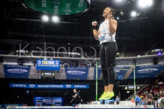 ISTAF Indoor; Duesseldorf, 24.01.2026 | DUESSELDORF, GERMANY - JANUARY 24: Yemisi Ogunleye (GER) jumping and celebrating during the shot put competition of the ISTAF Indoor Dusseldorf at PSD Bank Dome on January 24, 2026 in Duesseldorf, Germany. 