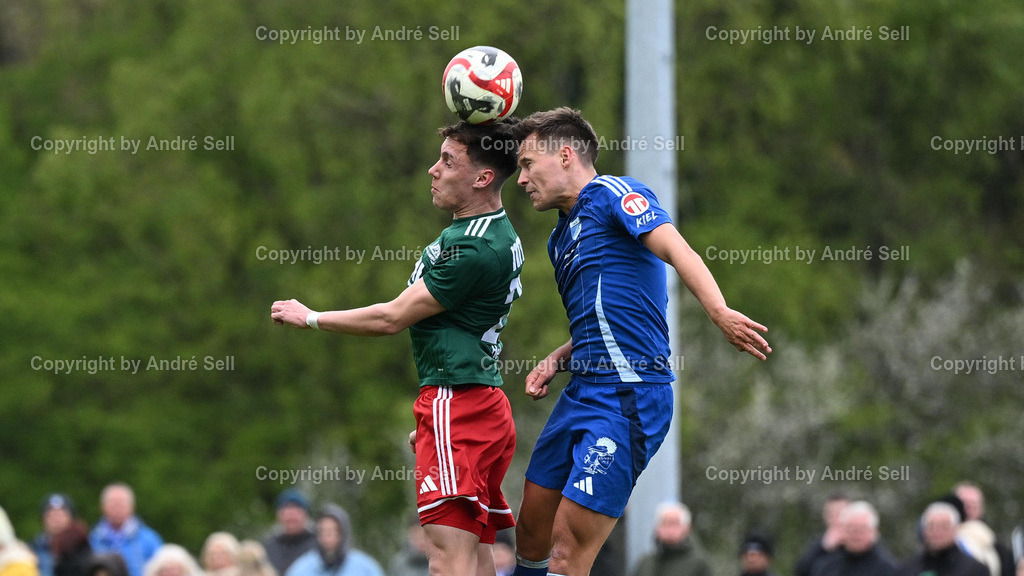 MTSV Hohenwestedt (grün) vs TuS Rotenhof (blau) | Rene Helmcke (MTSV #27) vs Leon Rathmann (Rotenhof #6) / Fußball-Oberliga Männer 2025/2026 / MTSV Hohenwestedt (grün) vs TuS Rotenhof (blau) / Sportplatz Wilhelmhöh / Hohenwestedt / 25.04.26 - Realisiert mit Pictrs.com