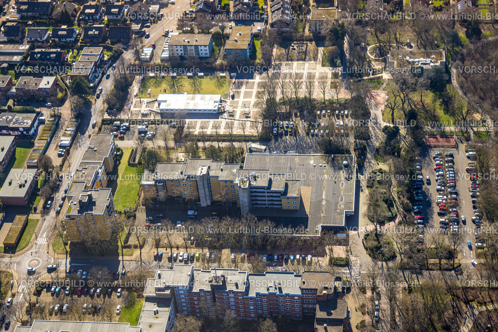 Holzwickede230213730 | Luftbild, Platz von Louviers, Edeka Supermarkt und Hochhäuser, Übergangs-Containerdorf für Kinder nach Wasserschaden im DRK Kindergarten, Holzwickede, Ruhrgebiet, Nordrhein-Westfalen, Deutschland