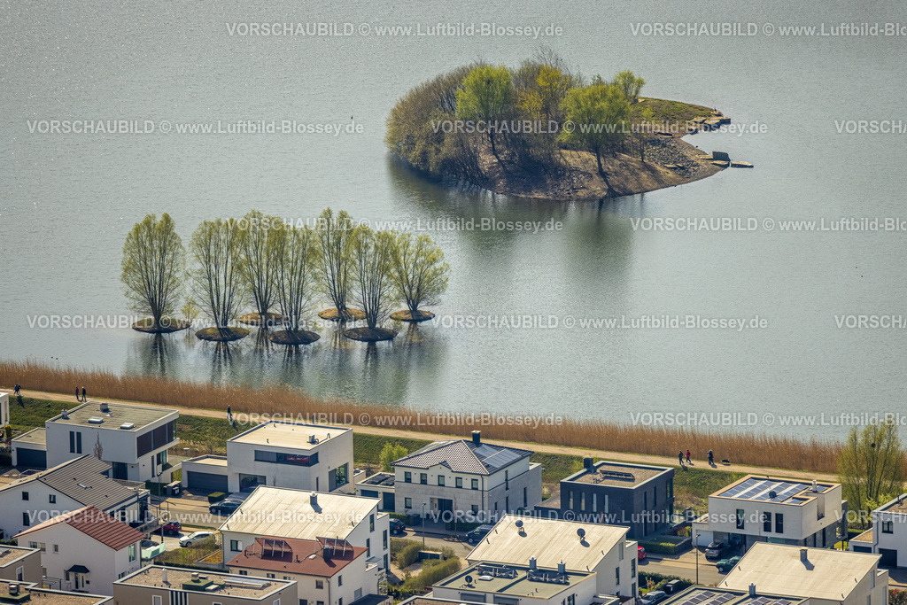 Dortmund220400283 | Luftbild, Kleine Insel im Phoenix-See mit Baumarrangement im See, Das Haus am See, Hörde, Dortmund, Ruhrgebiet, Nordrhein-Westfalen, Deutschland