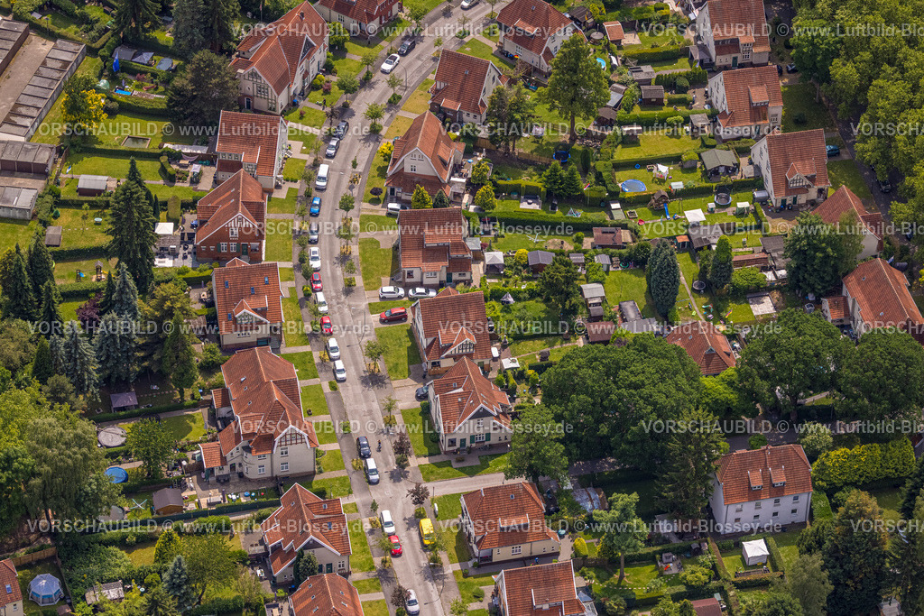 Herne250602226 | Luftbild, Bergmannssiedlung Teutoburgia mit roten Dächern, Häuser und Gartenanlagen, Börnig, Herne, Ruhrgebiet, Nordrhein-Westfalen, Deutschland