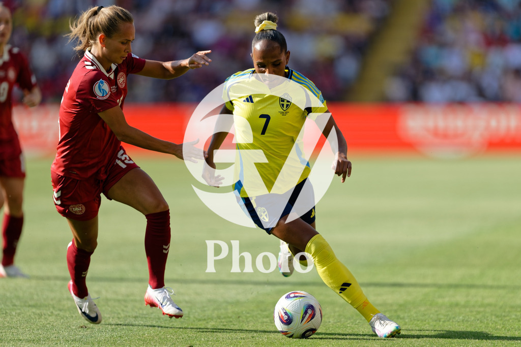 Denmark v Sweden - UEFA Women's EURO 2025 Group C | GENEVA, SWITZERLAND - JULY 4: Madelen Janogy of Sweden (R) and Frederikke Thogersen of Denmark (L) during the UEFA Womens EURO 2025 Group C match between Denmark and Sweden at Stade de Geneve on July 4, 2025 in Geneva, Switzerland. (Photo by Giuseppe Velletri/Sports Press Photo/Getty Images)