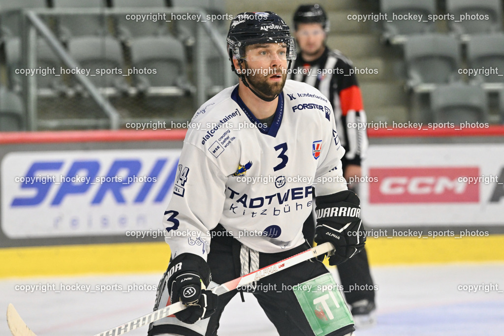 EC KAC Future Team vs. Die Adler Kitzbühl 7.10.2023 | #3 Kreuter David EC Kitzbühel, EC KAC Future Team vs. Die Adler Kitzbühl 7.10.2023, EC KAC Future Team vs. Die Adler Kitzbühl am 07.10.2023 in Klagenfurt (Messehalle Klagenfurt), Austria, (Photo by Bernd Stefan)