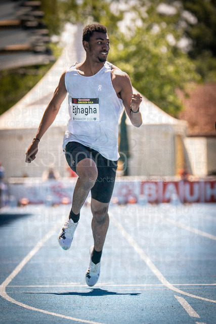 Juniorengala 2026; Mannheim, 13.06.2026 | MANNHEIM, GERMANY - JUNE 13, 2026 :  Akira Eghagha (SUI/Switzerland) competing in the men’s U20 100m during the Juniorengala 2026 at Michael-Hoffmann-Stadion on June 13, 2026 in Mannheim, Germany.
