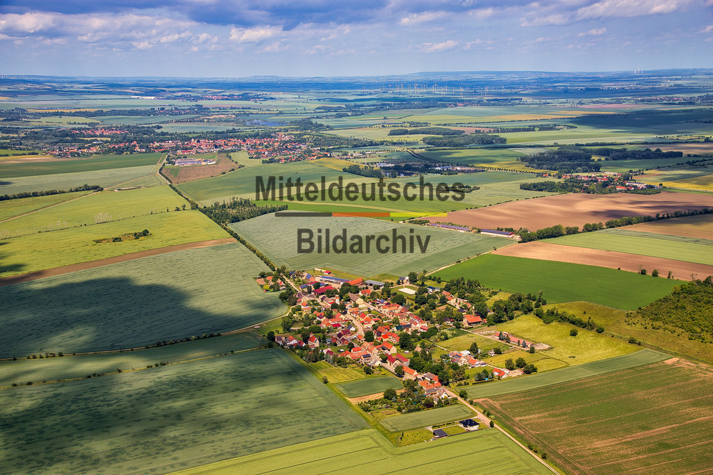 Dalldorf-Gröningen-Börde-Sachsen-Anhalt_4348 | Die Luftaufnahme zeigt Dalldorf aus der Vogelperspektive. Zu sehen sind die Ortslage, die gewachsene Bebauung und die umliegenden landwirtschaftlich genutzten Flächen. Dalldorf gehört zur Stadt Gröningen im Landkreis Börde. - Realisiert mit Pictrs.com
