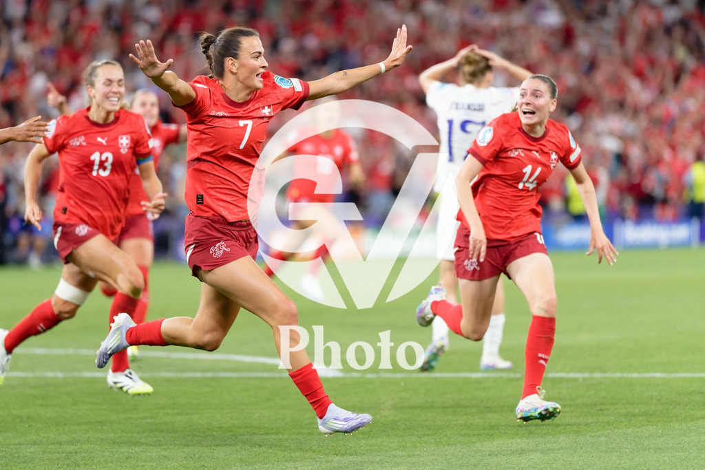 Finland v Switzerland: UEFA Women's EURO 2025 Group A | GENEVA, SWITZERLAND - JULY 10: Riola Xhemaili of Switzerland celebrates after scoring her team's first goal  during the UEFA Women's EURO 2025 Group A match between Finland and Switzerland at Stade de Geneve on July 10, 2025 in Geneva, Switzerland. (Photo by Giuseppe Velletri/Sports Press Photo/Getty Images)