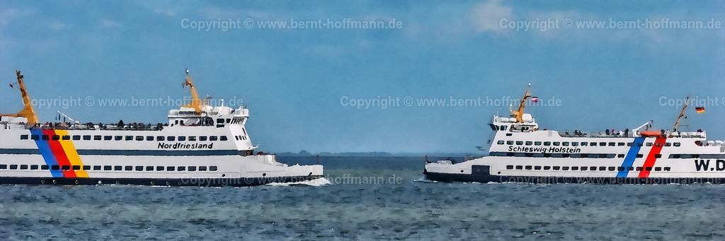 PDM2_1529_2x_WDR-Faehren_150x50 | DIGITALKUNST. Begegnung im Wattenmeer - vor der Insel Föhr. Die beiden früheren Inselfähren " NORDFRIESLAND " und " SCHLESWIG-HOLSTEIN " fuhren im Pendelverkehr von Dagebüll auf dem Festland nach Wyk auf Föhr. Die Fährschiffe fuhren im Liniendienst für die Wyker Dampfschiffahrts-Reederei ( W. D. R. ) __ 
Format - Seitenverhältnis = 3 zu 1 - Realisiert mit Pictrs.com