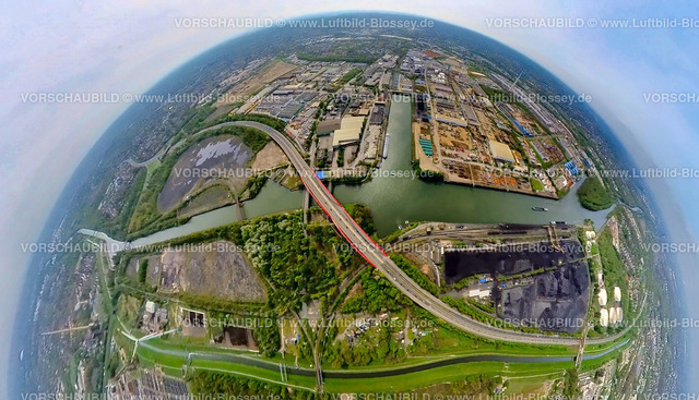 Essen240490052_A42_Rhein-Herne-Kanal_StadtteilFreiheitEmscher | Luftbild, Stadthafen und neues Bauprojekt Freiheit Emscher, Rhein-Herne-Kanalbrücke mit rotem Geländer, Autobahn A42 Emscherschnellweg, Infrastruktur, Doppelbogenbrücke an der Stadtgrenze Bottrop, Essen-Nord Gladbecker Straße, Erdkugel, Fisheye Aufnahme, Fischaugen Aufnahme, 360 Grad Aufnahme, tiny world, little planet, fisheye Bild, Vogelheim, Essen, Ruhrgebiet, Nordrhein-Westfalen, Deutschland