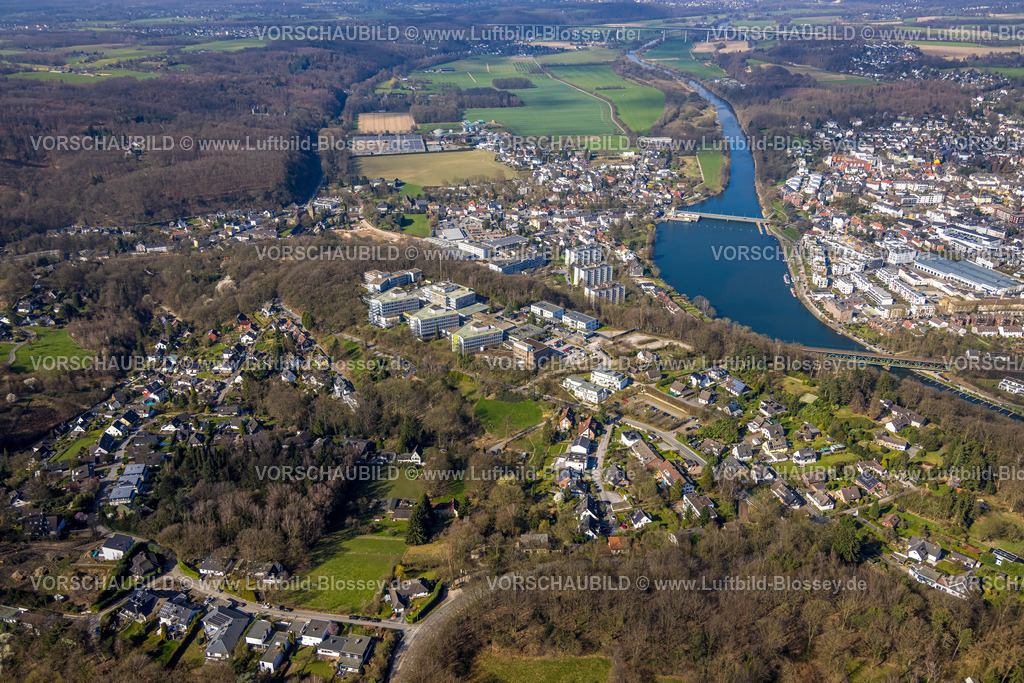 Essen240302266Kettwig | Luftbild, Wohngebiet und Fluss Ruhr, drei Hochhäuser, MEDICLIN Fachklinik Rhein/Ruhr und Kettwiger See, Ruhrbrücke Kettwig mit Schleuse, Kettwig, Essen, Ruhrgebiet, Nordrhein-Westfalen, Deutschland