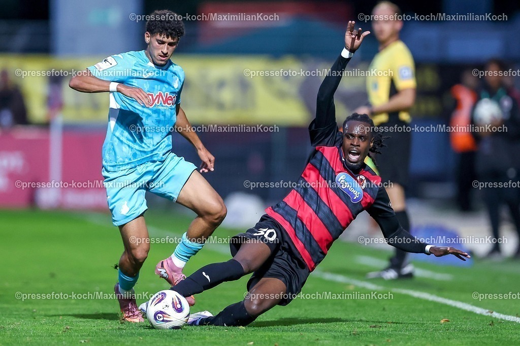 FCVK16092501108 | 16.09.2025, Fußball, FC Viktoria Köln – TSG 1899 Hoffenheim II, 3.Liga, Sportpark Höhenberg, Saison 2025 2026: Ayoube Amaimouni-Echghouyab (Hoffenheim II #07) im Zweikampf gegen  Yannick Tonye (Viktoria Koeln #30)  DFB regulations prohibit any use of photographs as image sequences and or quasi-video.