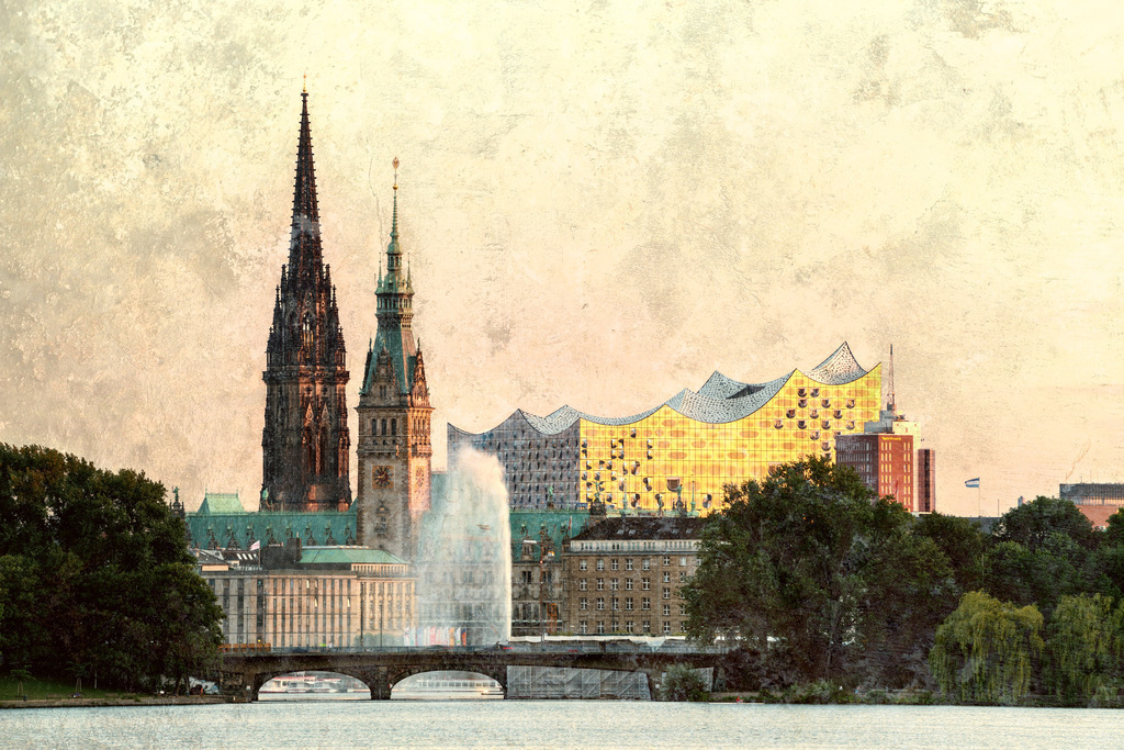 10251003 - Rathaus, Elbphi und Nikolaikirche | Blick über die Aussenalster mit abstrakter Bearbeitung.