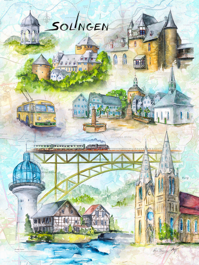 Solingen Stadtposter | Dieses farbenfrohe Aquarell, gemalt auf der Landkarte von Solingen, zeigt die schönsten Sehenswürdigkeiten dieser Stadt: Lichtturm, Schloss Burg, St. Clemens Kirche, Wipperkotten, Gräfrath, Müngstener Brücke, O-Bus, Diederichstempel - Realisiert mit Pictrs.com