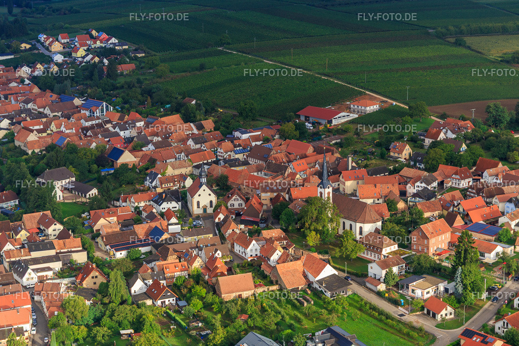 Laurentiusgarten an der Pfaffengasse und Kath. Kindergarten an der Kirche | Luftbild: Laurentiusgarten an der Pfaffengasse und Kath. Kindergarten an der Kirche in Göcklingen im Bundesland Rheinland-Pfalz in Deutschland. Foto: IMG_103311.jpg vom 10.09.2017 durch Werner Riehm/FLY-FOTO.de - Realisiert mit Pictrs.com