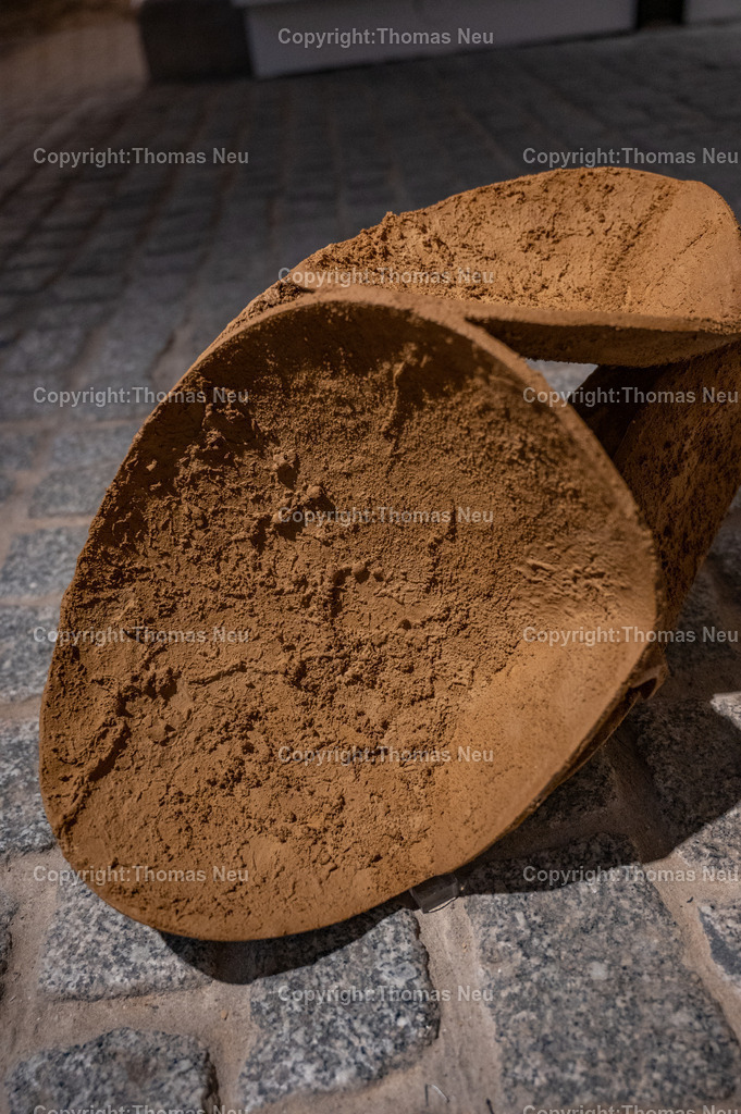 DSC_0555 | Jonas Wendelin zeigt großformatige Skulpturen und Rauminstallationen aus Ton und Lehm, basierend auf 3D‑Scans von organischen Materialien wie verrottenden Baumstämmen und archäologischen Gefäßen aus der Museums‑Sammlung. Diese Arbeiten thematisieren Material als Archiv und Informationsträger, Erosion und Zerstörung — sowohl formal als auch inhaltlich. Die Werke schaffen Spannungsfelder zwischen haptischer Realität und digitaler Wahrnehmung, und lassen Wahrnehmungskategorien wie natürlich oder künstlich verschwimmen. 
