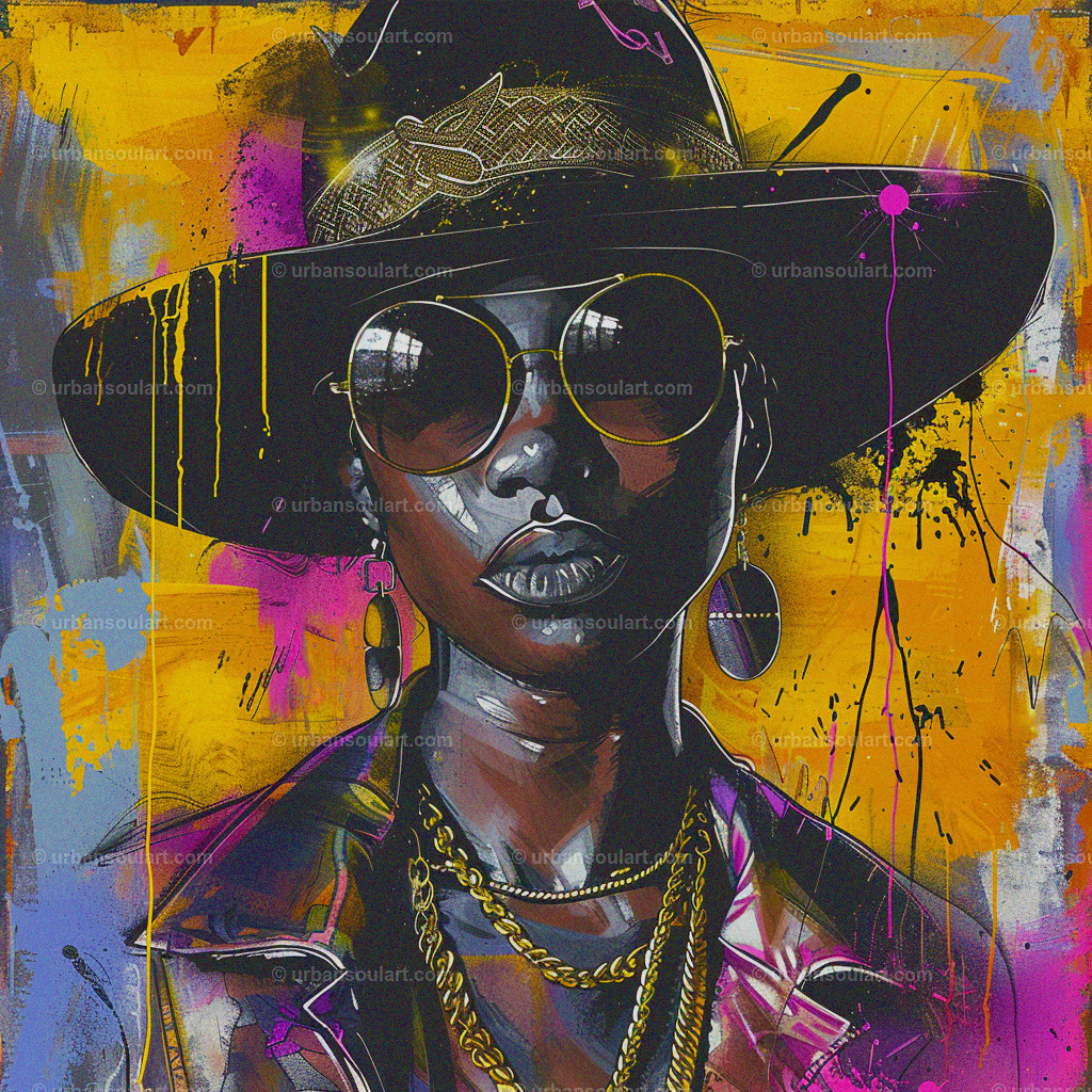 Black Woman With Glasses And Hat | A bold and artistic portrayal of a woman in sunglasses and a stylish hat, this vibrant canvas adds a sense of cool, urban sophistication to any modern space. Perfect for fans of expressive, street-style art. - Realisiert mit Pictrs.com