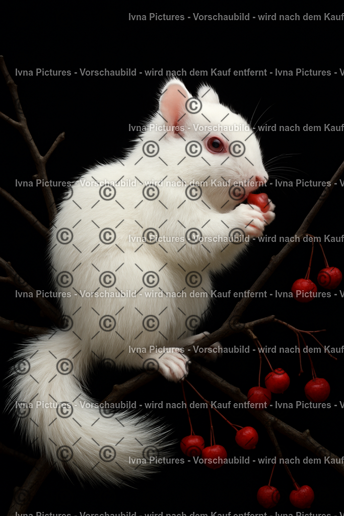 Albino-Eichhörnchen mit Beeren | Ein seltenes weißes Eichhörnchen mit roten Augen sitzt auf einem Strauch voller Beeren. Vor schwarzem Hintergrund wirkt das helle Fell besonders kontrastreich und betont die zarte, zugleich faszinierende Erscheinung des Tieres. - Realisiert mit Pictrs.com