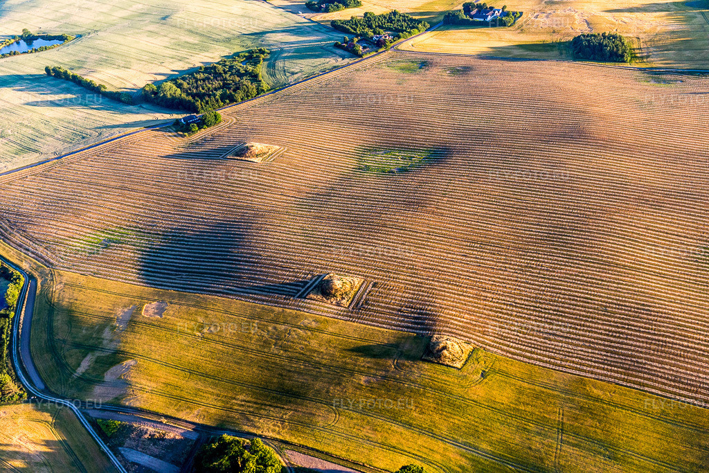 Vue aérienne: Structures sur des champs agricoles avec des tumulus funéraires préhistoriques à Borre dans le département Sjaelland, Danemark. Photo: IMG_108645.jpg prise le 04/07/2018 par Werner Riehm/FLY-FOTO.euRésolution de l'original: 5472 x 3648 px