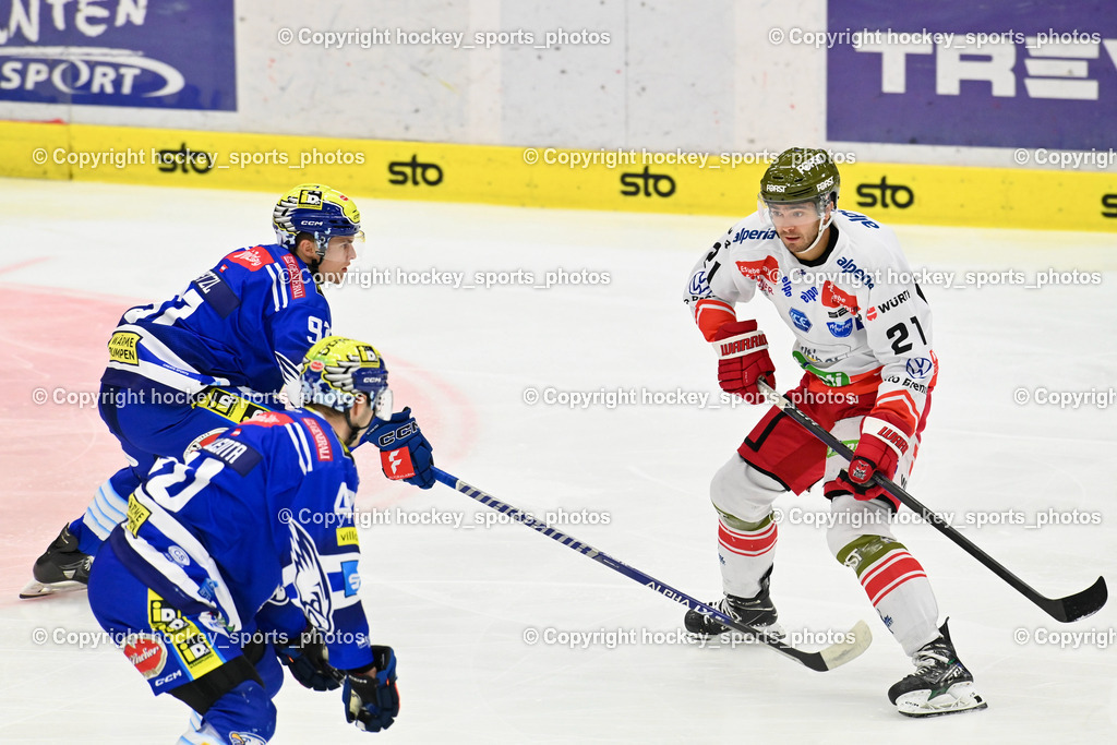 EC IDM Wärmepumpen VSV vs. HC Bozen 19.9.2023 | #91 WETZL Niklas,  #40 WALLENTA Elias,  #21 Ford Connor, win2day icehockeyleague, EC IDM Wärmepumpen - HC Bozen  am 19.09.2023 in Villach (Stadhalle Villach), Austria, (Photo by Bernd Stefan)
