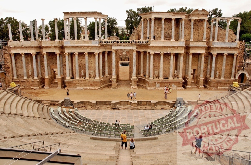 Roman Theatre of Mérida, Spain ancient architecture and tourism. Spain - Extremadura | Roman Theatre of Mérida ruins with spectators exploring a historical landmark - Realized with Pictrs.com