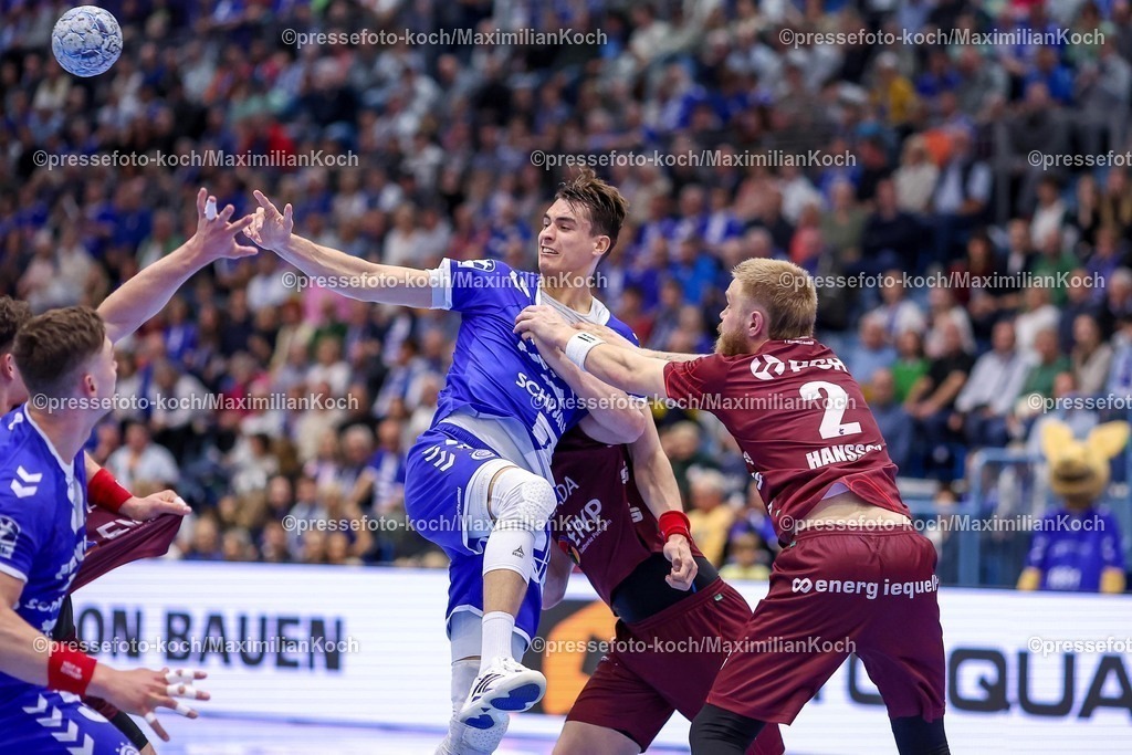 Gum25042501095 | 25.04.2025, Handball, HBL, VfL Gummersbach - 1. VfL Potsdam, Schwalbe-Arena: Julian Köster (GUM #7) gegen Emil Hansson (VfL Potsdam #02) 