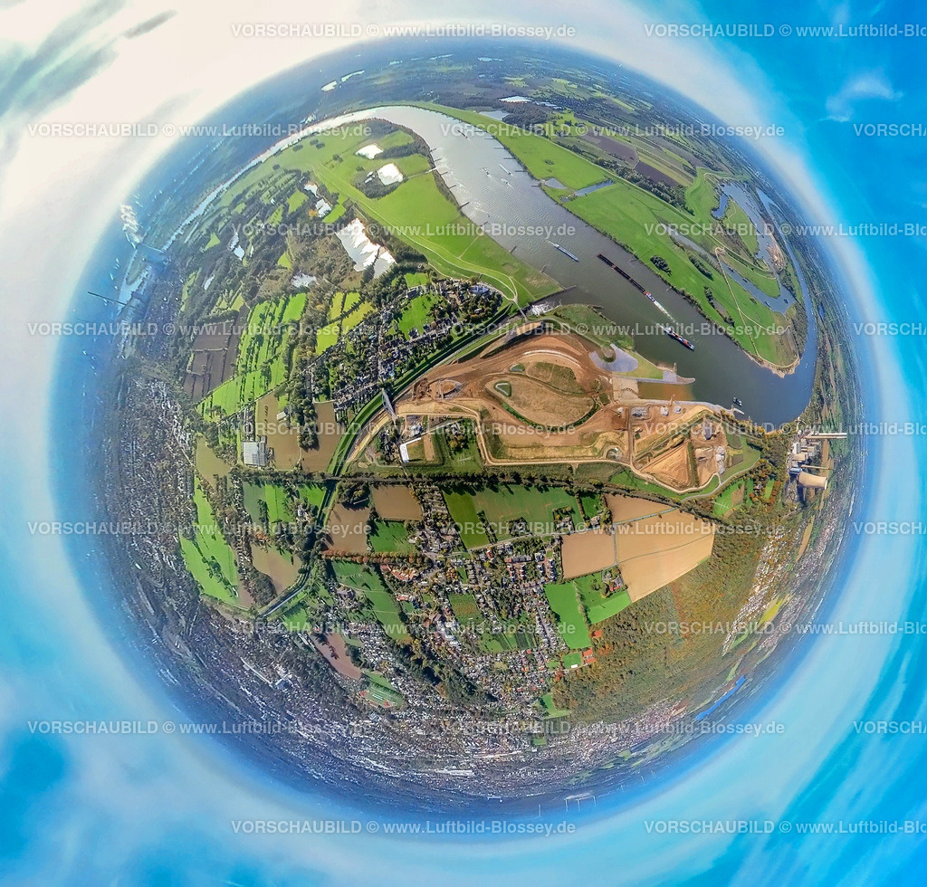 Dinslaken20221006_1Emschermuendung | Luftbild, Emschermündung Renaturierung, Fluss Rhein und Fluss Emscher, STEAG Kraftwerk Walsum, Fisheye Aufnahme, Fischaugen Aufnahme, 360 Grad Aufnahme, Eppinghoven, Dinslaken, Fisheyeaufnahme, Ruhrgebiet, Nordrhein-Westfalen, Deutschland