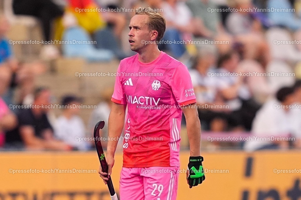 xydrx08082502065 | 08.08.2025, xydrx, Herren EuroHockey Championship 2025, Gruppenphase, Gruppe B, Deutschland - Frankreich, Sparkassenpark Mönchengladbach: Malte Hellwig (Deutsche Feldhockey Nationalmannschaft #29)
