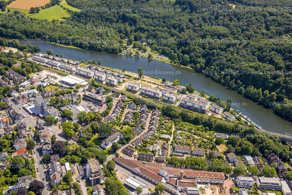 Essen230708020Kettwig | Luftbild, Neubau Wohnsiedlung Am Kettwiger Ruhrbogen, Promenadenweg, Fluss Ruhr, Campingplatz Cammerzell, Kettwig, Essen, Ruhrgebiet, Nordrhein-Westfalen, Deutschland