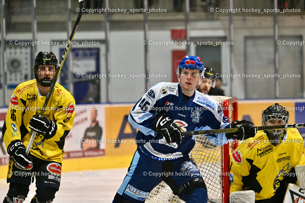 ESC Steindorf vs. EC Hornets Spittal 20.2.2024 | #96 Peharz Joshua EC Hornets Spittal, #46 Maurer Julian ESC Steindorf, #1 Zauchner Rene EC Hornets Spittal, ESC Steindorf vs. EC Hornets Spittal 20.2.2024, ESC Steindorf vs. EC Hornets Spittal 20.2.2024 am 20.02.2024 in Steindorf (Ossiachersee Halle), Austria, (Photo by Bernd Stefan)