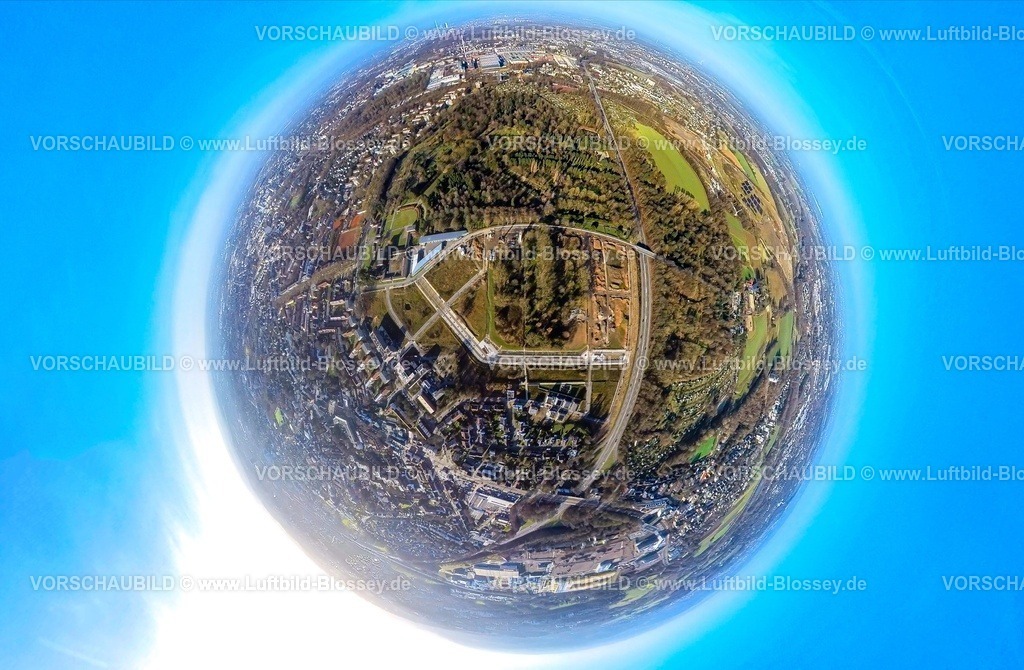 Bochum240190063Altenbochum-AlterFriedhof_Fish | Luftbild, Wohngebiet und Baustelle, Ostpark Quartier Feldmark, Baustelle ehemaliger Alter Friedhof, Erdkugel, Fisheye Aufnahme, Fischaugen Aufnahme, 360 Grad Aufnahme, tiny world, little planet, fisheye Bild, Altenbochum, Bochum, Ruhrgebiet, Nordrhein-Westfalen, Deutschland