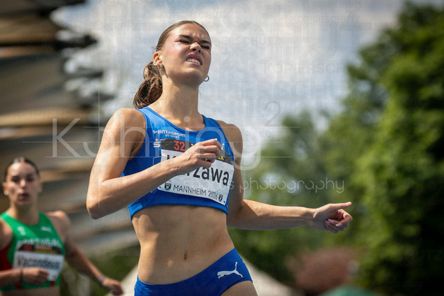 Juniorengala 2026; Mannheim, 14.06.2026 | MANNHEIM, GERMANY - JUNE 14, 2026 : Shira Kurzawa (GER/LAC Erdgas Chemnitz) reacts on the finish line in the 100m hurdles U20 during the Juniorengala 2026 at Michael-Hoffmann-Stadion on June 14, 2026 in Mannheim, Germany.